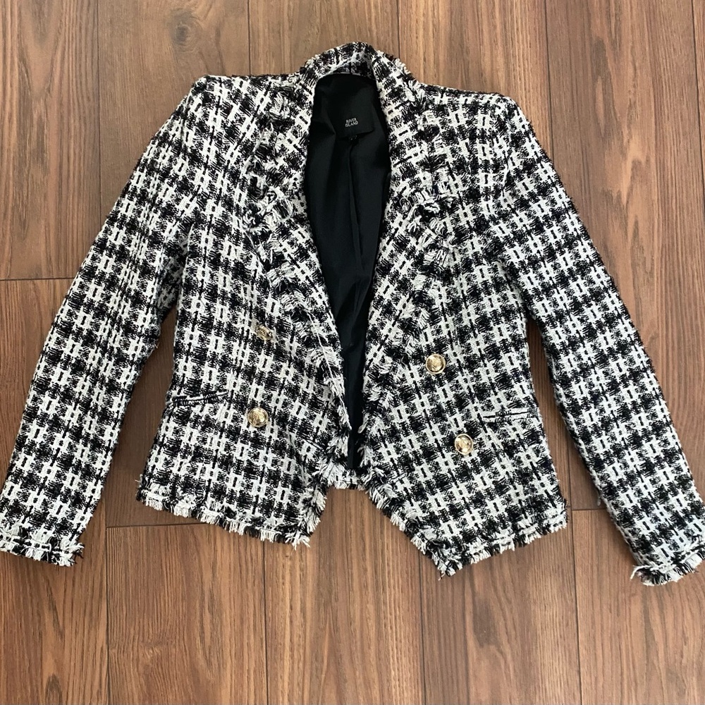 River Island Tweed Blazer Plaid Women's Small Black, White Career Wear